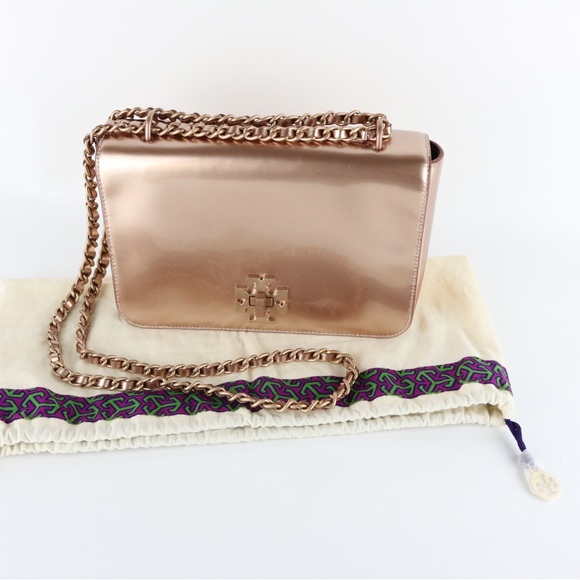 Tory Burch Metallic Patent Leather Mercer Shoulder Bag - Rose Gold - Picture 2 of 14